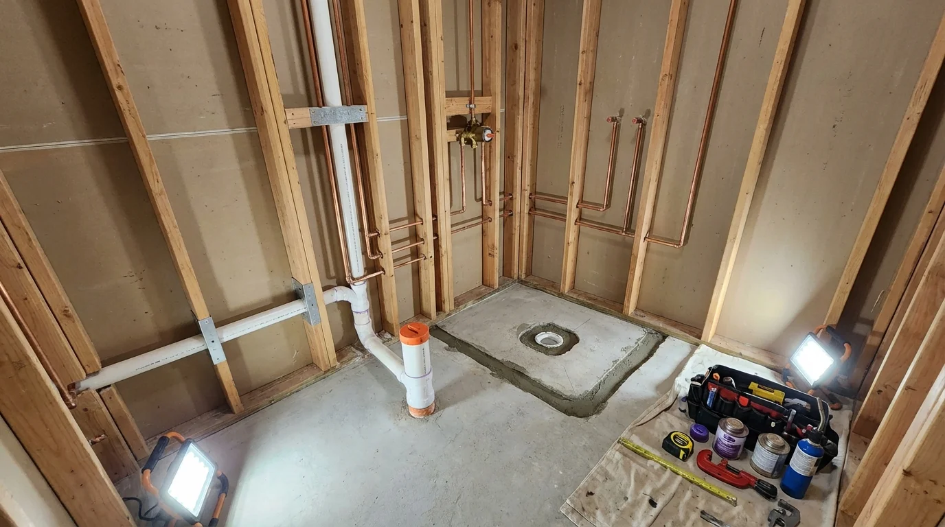 Bathroom rough-in plumbing during remodel by Johns Plumbing LLC in Atglen