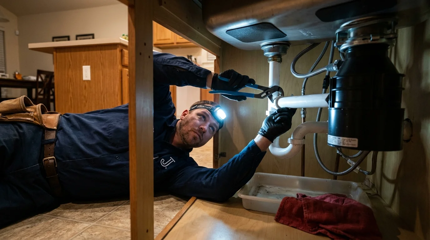 P-trap and supply line connections under a kitchen sink showing a common leak point in Atglen, PA